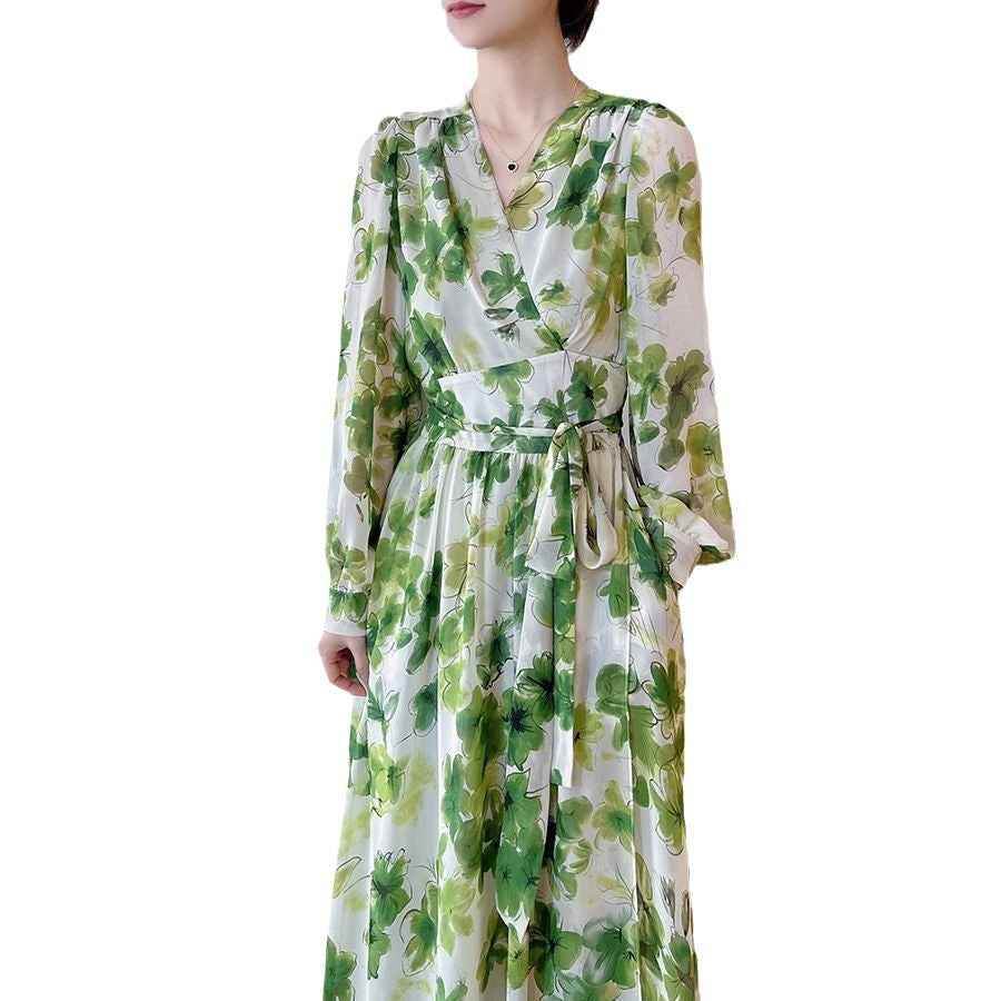 Plus Size French Spring And Autumn Green Shivering V-neck Long Sleeve Waist Slimming Women's Elegant Dress ee9a451a-8381-44b6-820e-74f197f7b6b8 Print Material