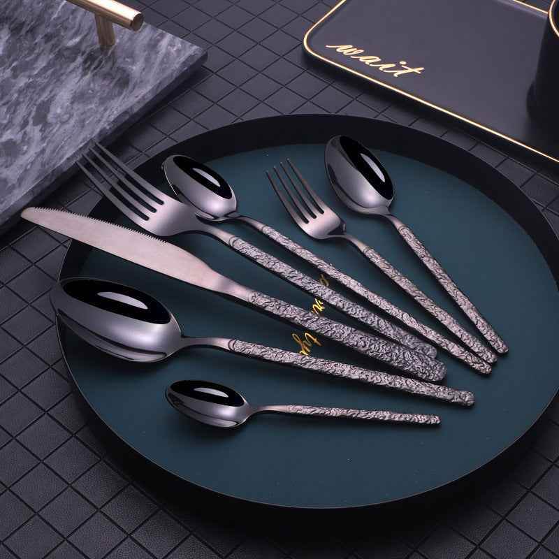 Black 7PCS Embossed Textured Handle Steak Cutlery – Elegant Western Dining Set ffd23286-d3d2-4ab9-ad56-6ab2dbeaaadd Print Material